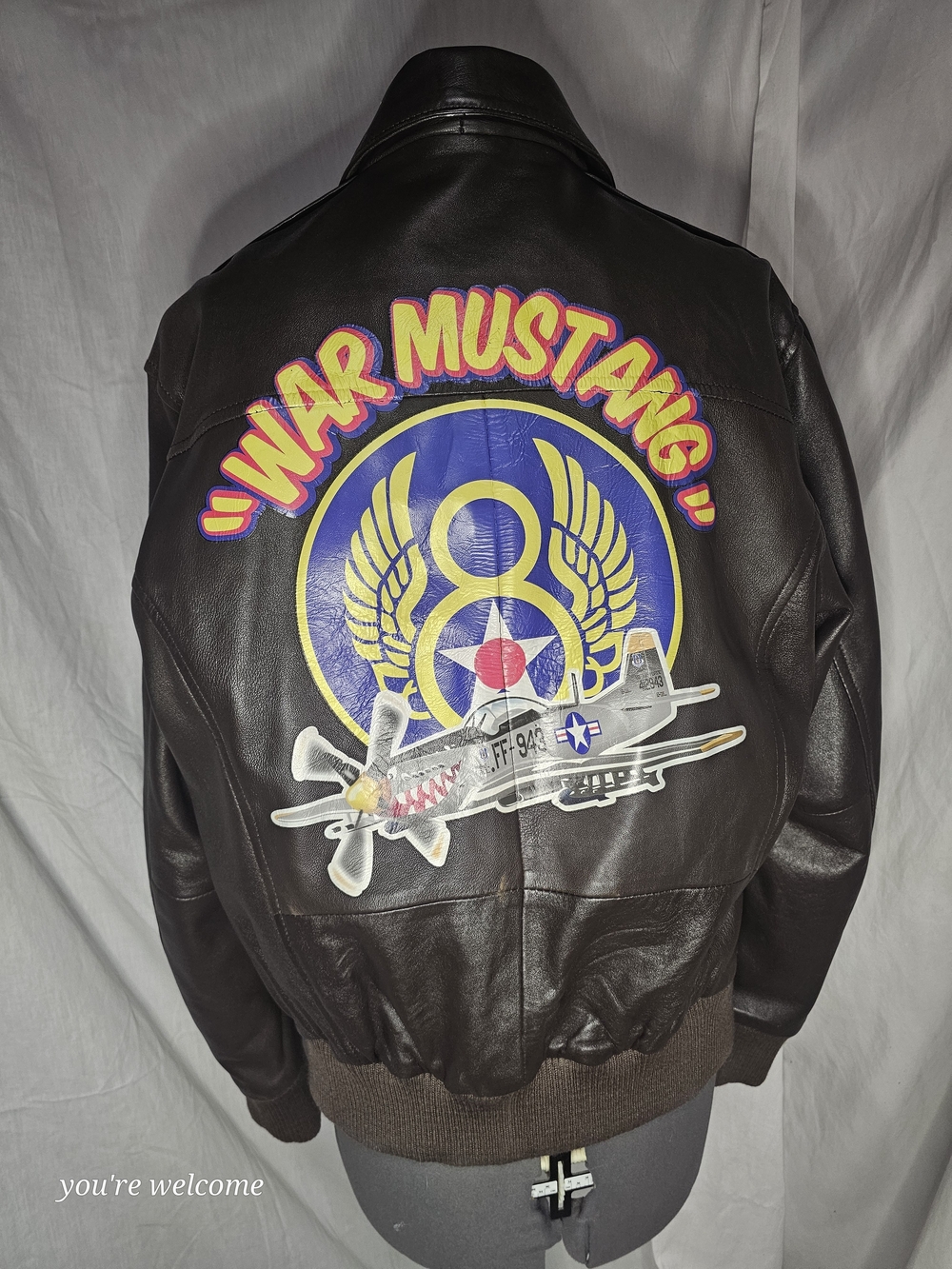 War Mustang Graphic Leather Korean War Flight Jacket - Brown